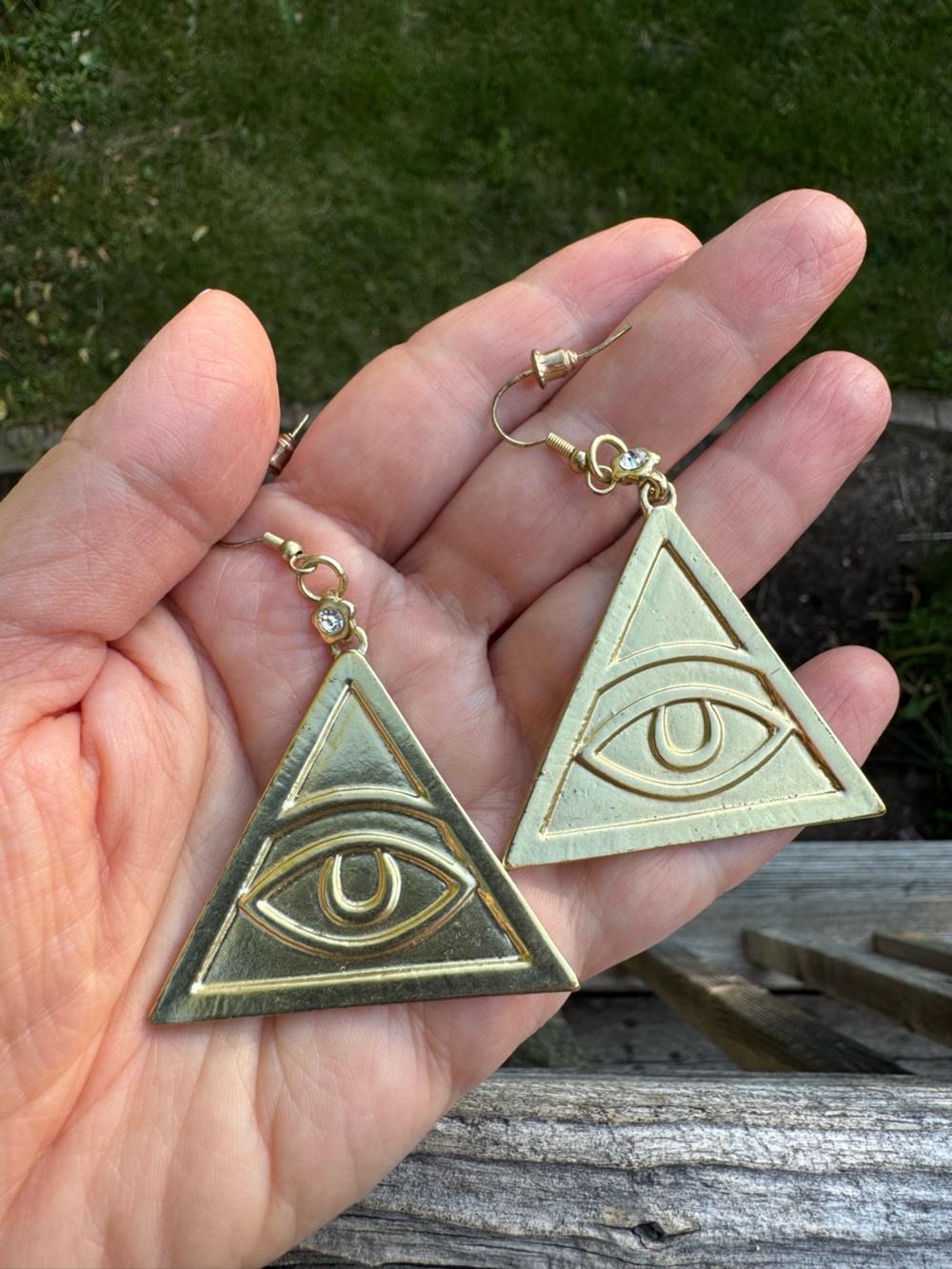 Illuminati Earrings Gold Tone Triangle All-Seeing Eye Esoteric Boho Chic